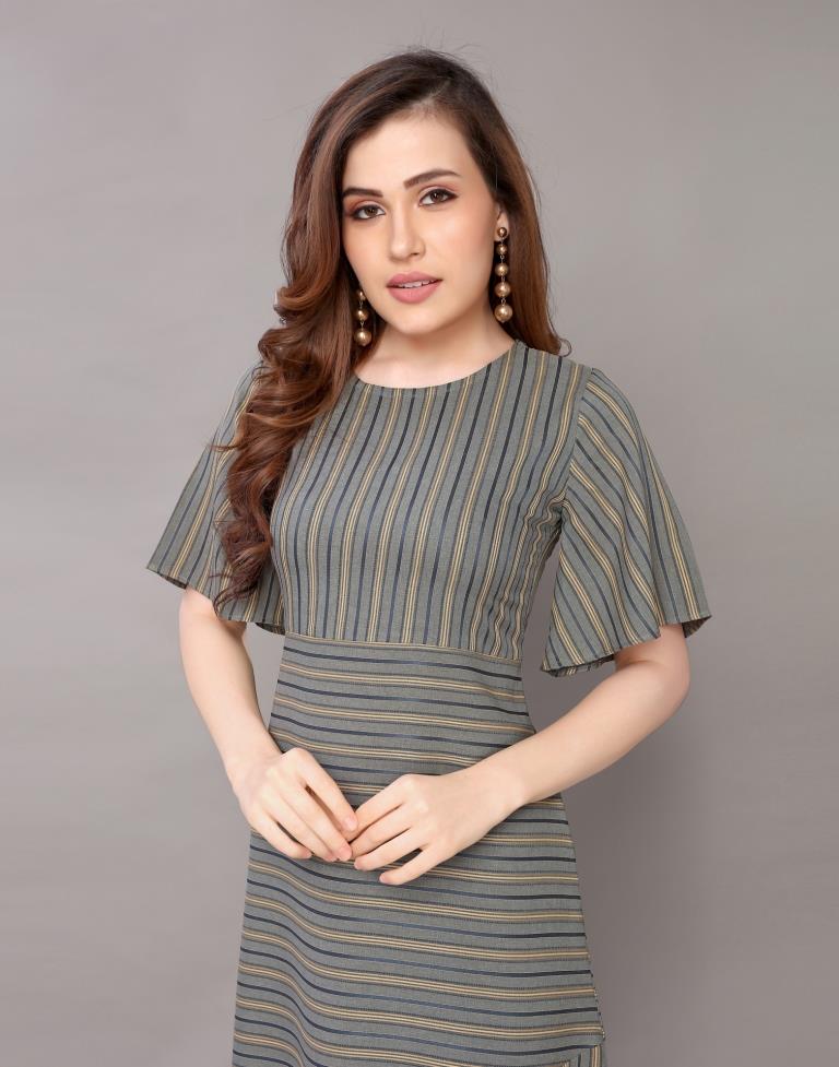 Olive Green Coloured Woven Striped Rayon Dress | Sudathi
