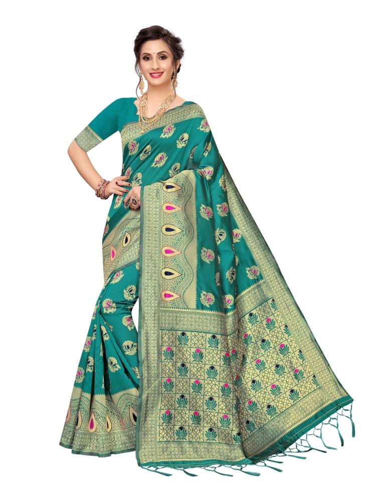 Turquoise Coloured Poly Silk Banarasi Jacquard Partywear saree | Leemboodi