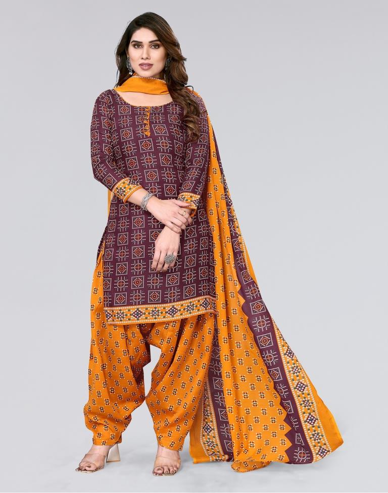 Maroon Printed Cotton Unstitched Salwar Suit Material