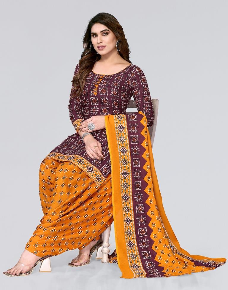 Maroon Printed Cotton Unstitched Salwar Suit Material