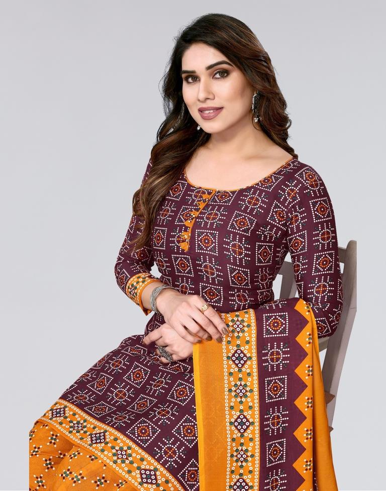 Maroon Printed Cotton Unstitched Salwar Suit Material