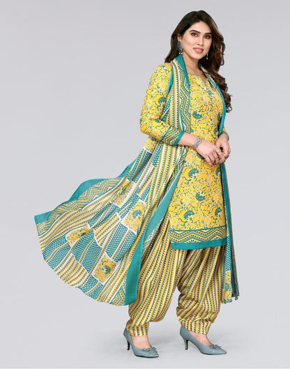 Yellow Printed Cotton Unstitched Salwar Suit Material