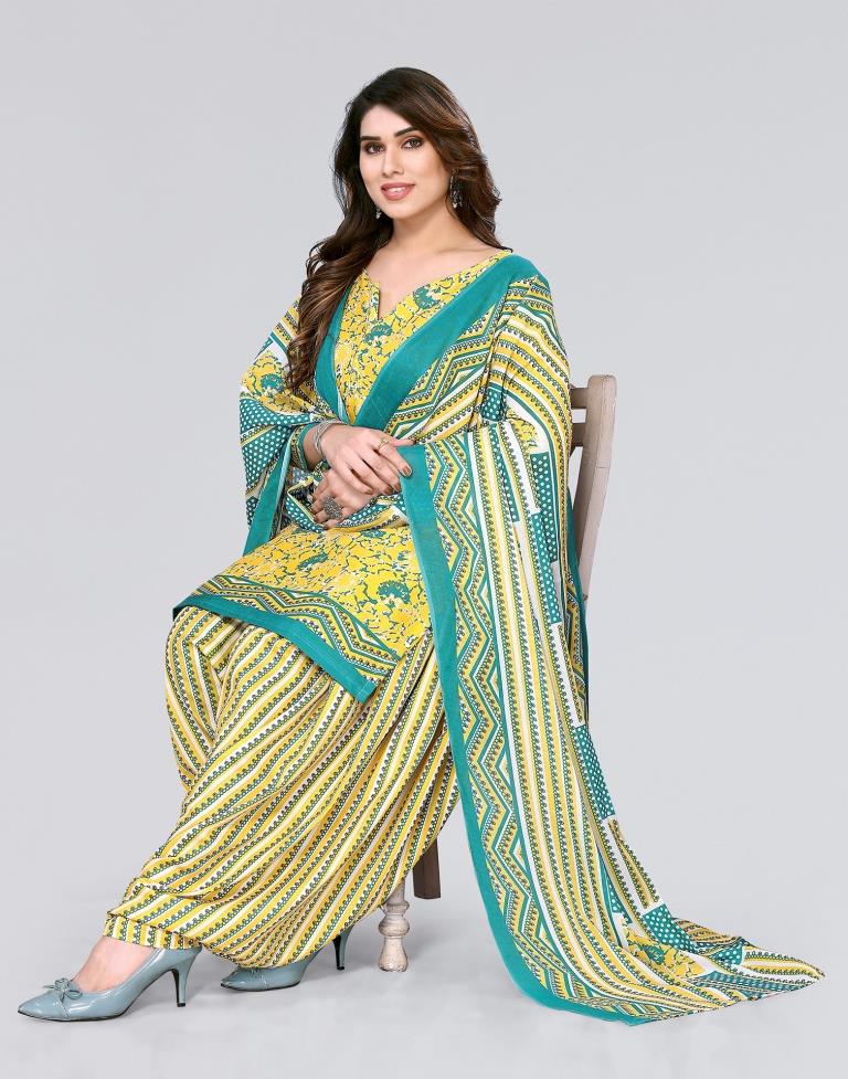 Yellow Printed Cotton Unstitched Salwar Suit Material