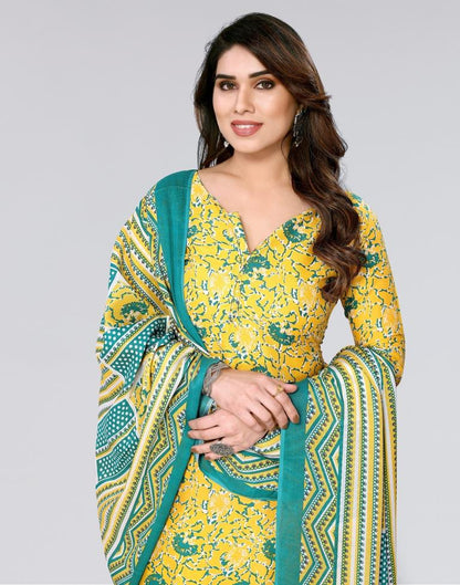 Yellow Printed Cotton Unstitched Salwar Suit Material