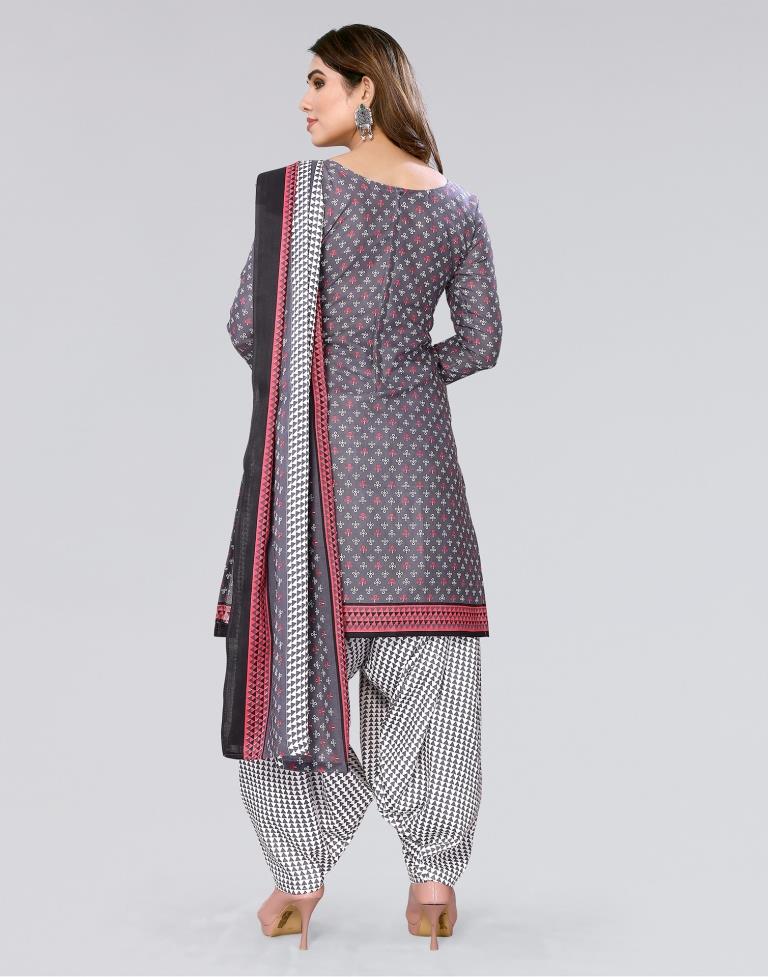 Grey Printed Cotton Unstitched Salwar Suit Material