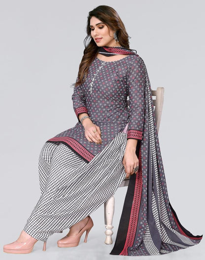 Grey Printed Cotton Unstitched Salwar Suit Material