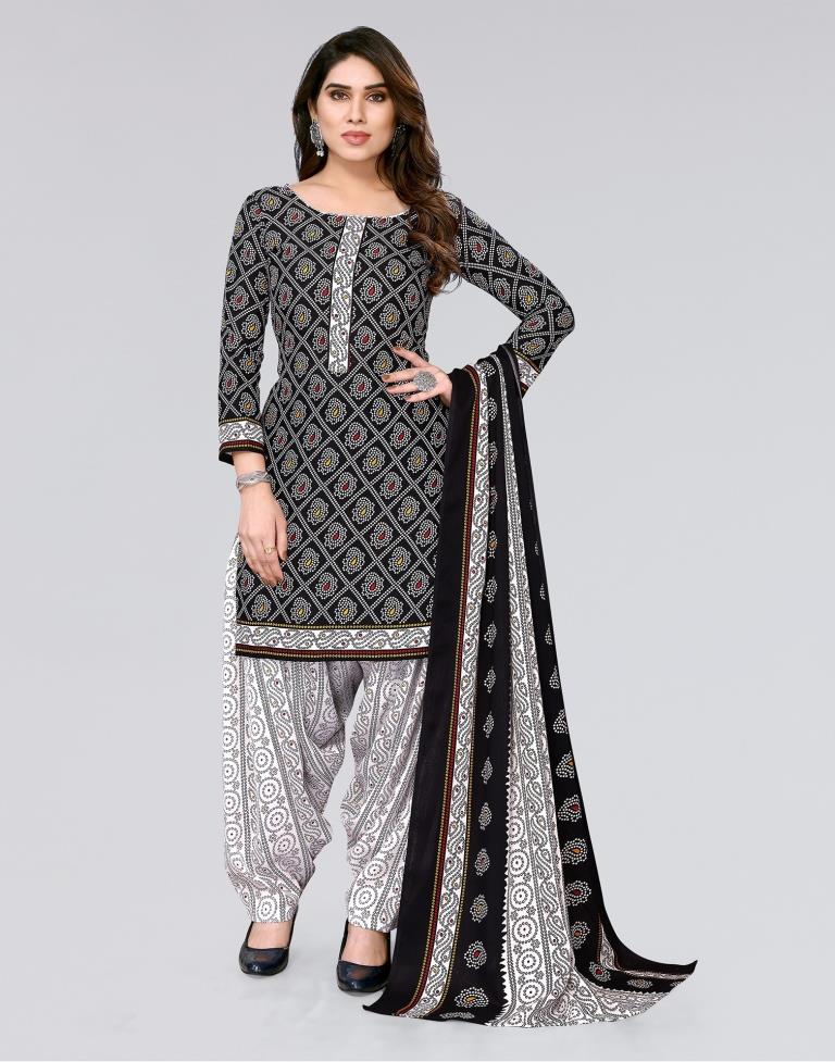 Black Printed Cotton Unstitched Salwar Suit Material