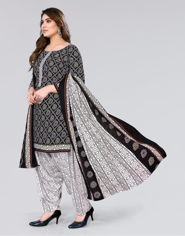 Black Printed Cotton Unstitched Salwar Suit Material