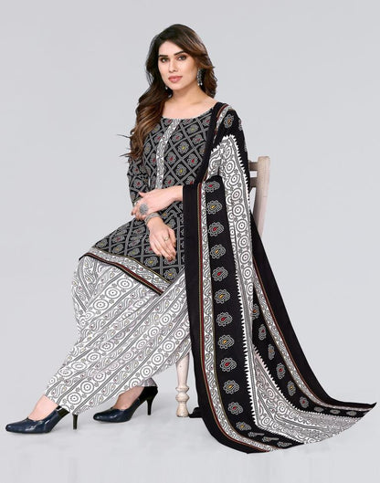 Black Printed Cotton Unstitched Salwar Suit Material