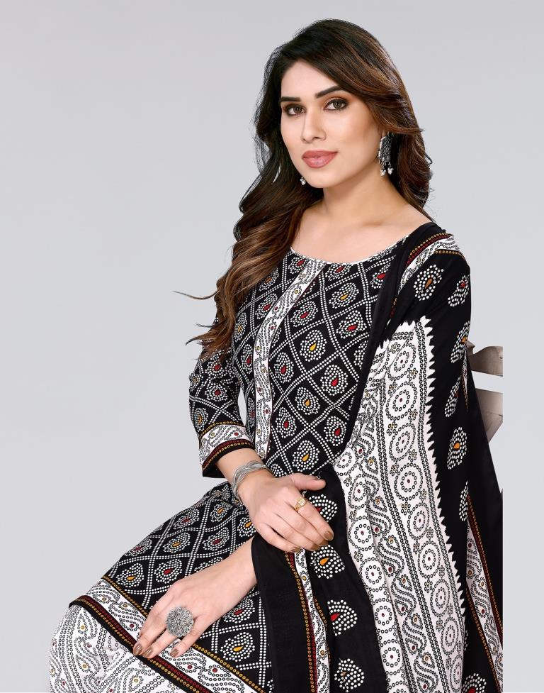 Black Printed Cotton Unstitched Salwar Suit Material