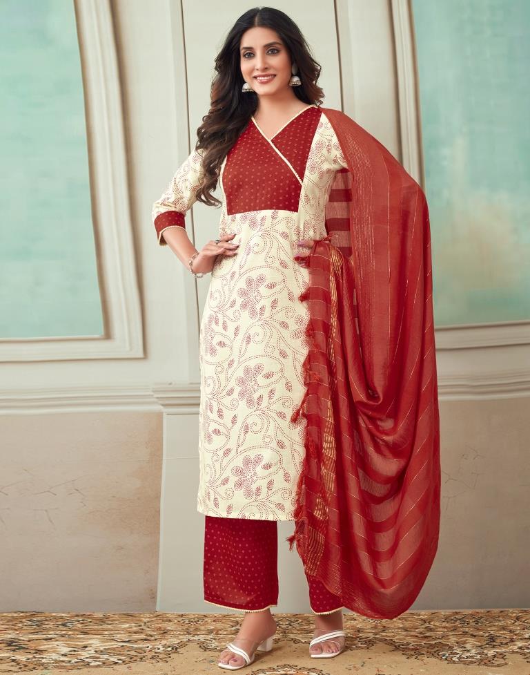 Cream Printed Cotton Straight Kurta Set With Dupatta