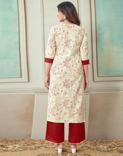 Cream Printed Cotton Straight Kurta Set With Dupatta