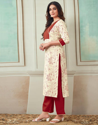 Cream Printed Cotton Straight Kurta Set With Dupatta