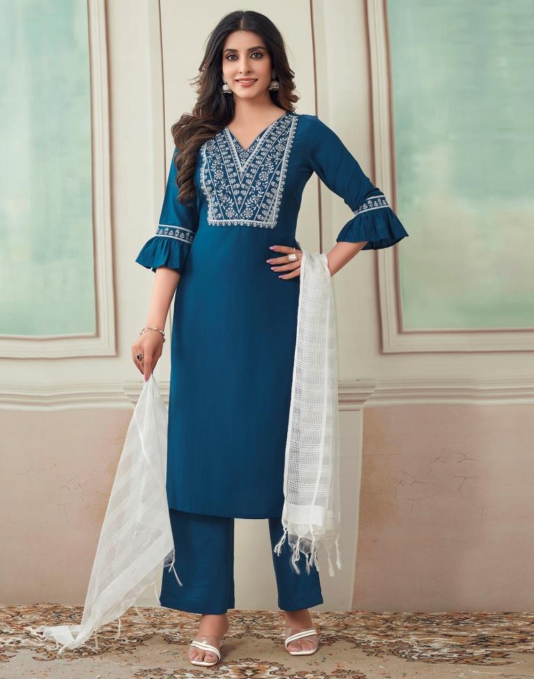 Rama Blue Plain Rayon Straight Kurta Set with Dupatta