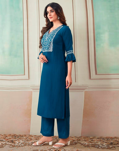 Rama Blue Plain Rayon Straight Kurta Set with Dupatta