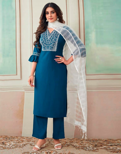 Rama Blue Plain Rayon Straight Kurta Set with Dupatta