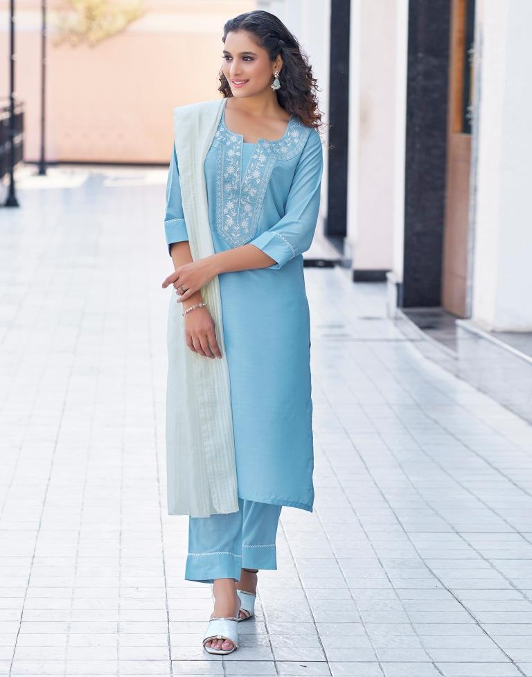 Sky Blue Plain Chinnon Straight Kurta Set with Dupatta