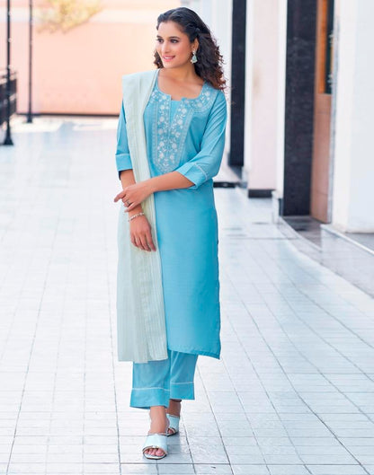 Sky Blue Plain Chinnon Straight Kurta Set with Dupatta