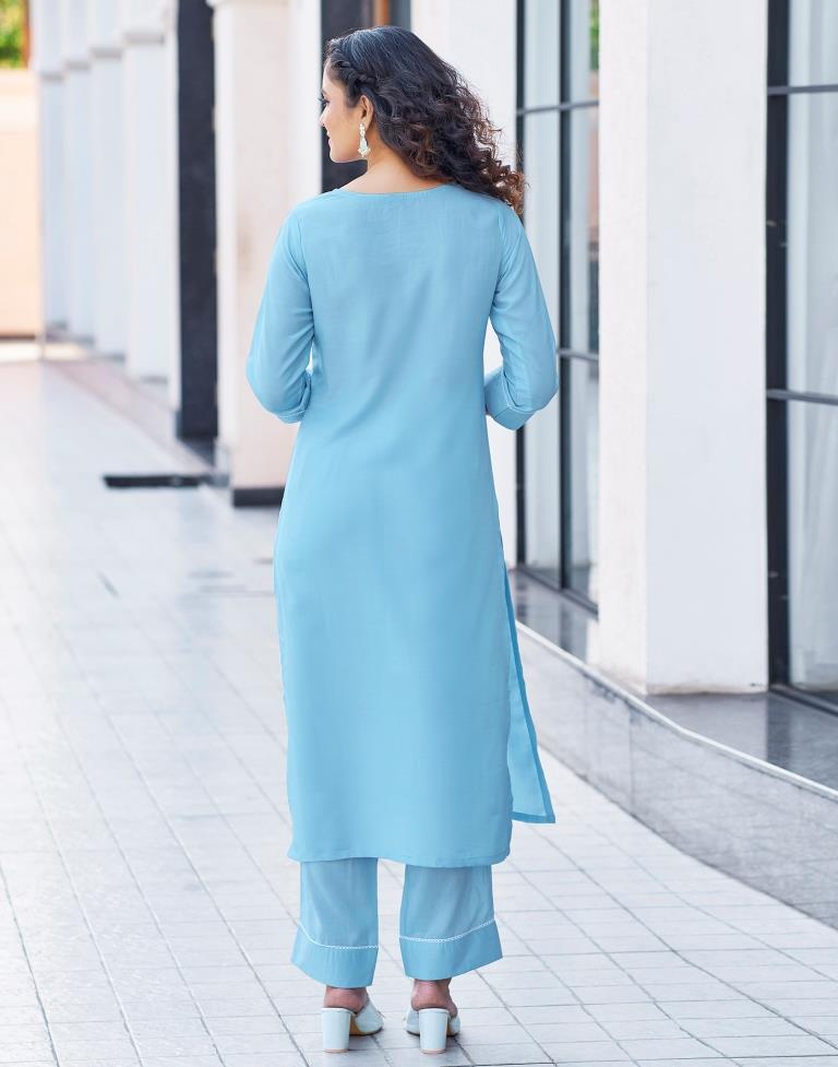 Sky Blue Plain Chinnon Straight Kurta Set with Dupatta