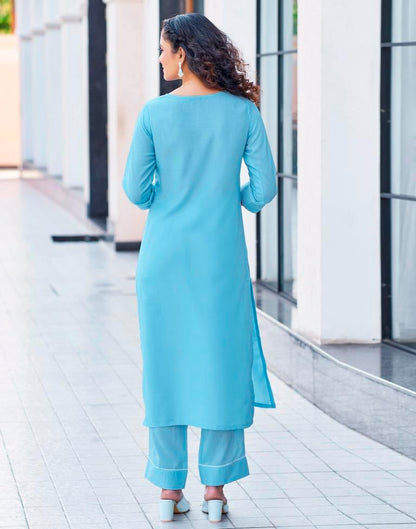 Sky Blue Plain Chinnon Straight Kurta Set with Dupatta