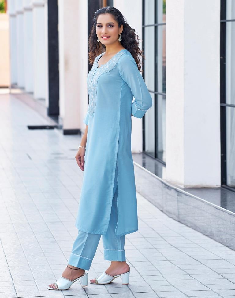 Sky Blue Plain Chinnon Straight Kurta Set with Dupatta