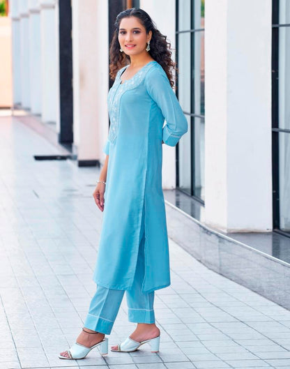 Sky Blue Plain Chinnon Straight Kurta Set with Dupatta