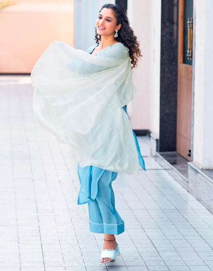 Sky Blue Plain Chinnon Straight Kurta Set with Dupatta