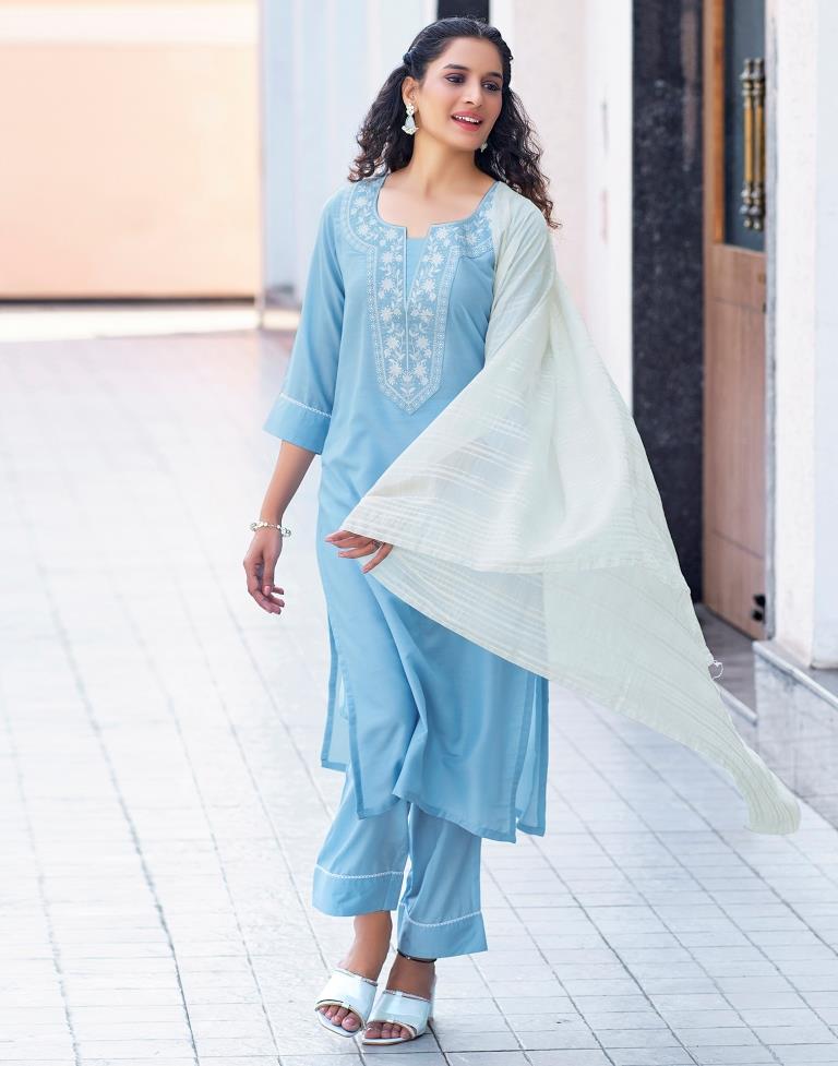 Sky Blue Plain Chinnon Straight Kurta Set with Dupatta