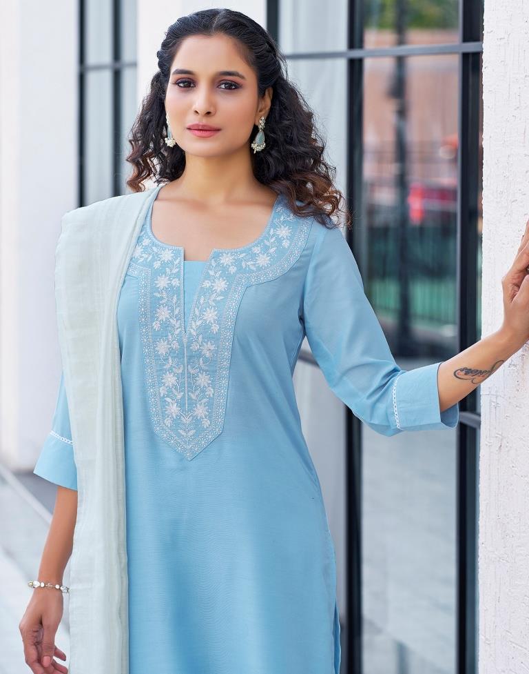 Sky Blue Plain Chinnon Straight Kurta Set with Dupatta