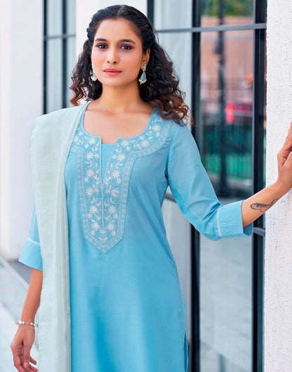 Sky Blue Plain Chinnon Straight Kurta Set with Dupatta