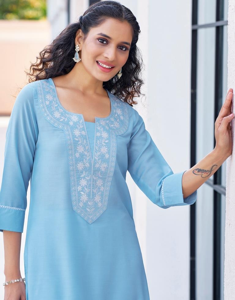 Sky Blue Plain Chinnon Straight Kurta Set with Dupatta