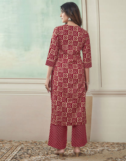 Red Printed Cotton Straight Kurta Set With Dupatta