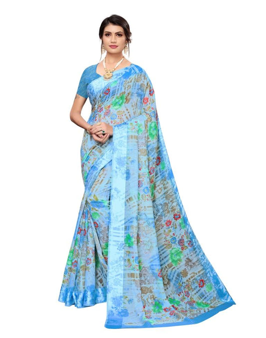 Blue Printed Silk Saree