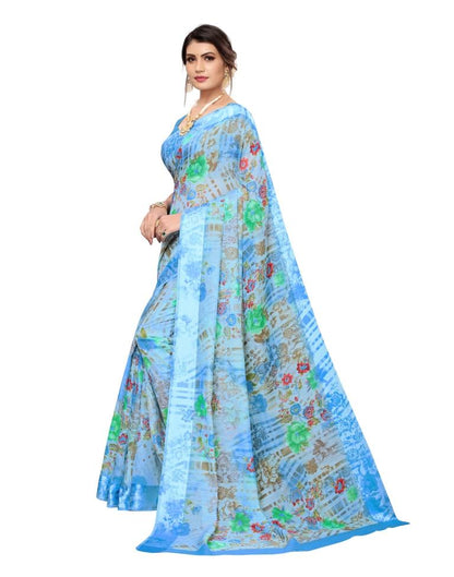 Blue Printed Silk Saree