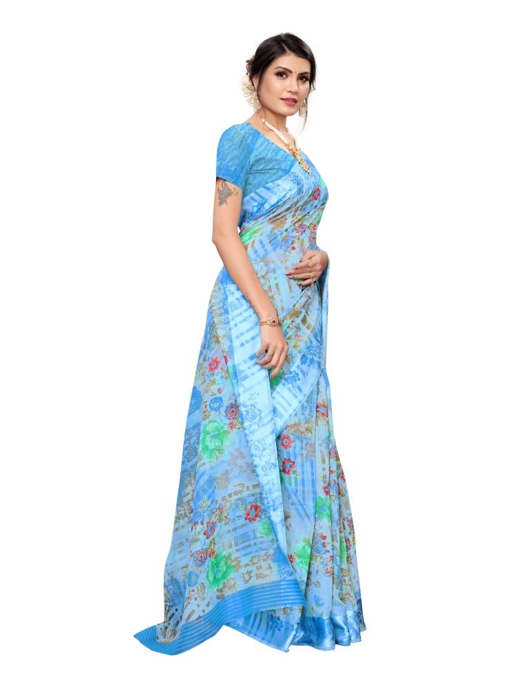 Blue Printed Silk Saree