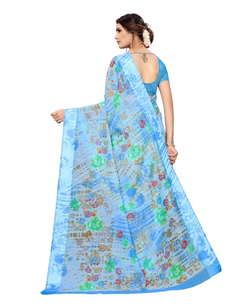 Blue Printed Silk Saree
