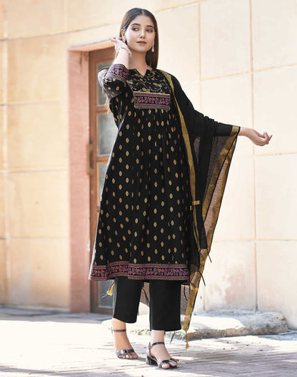 Black Printed Rayon Flared Kurta With Pant And Dupatta