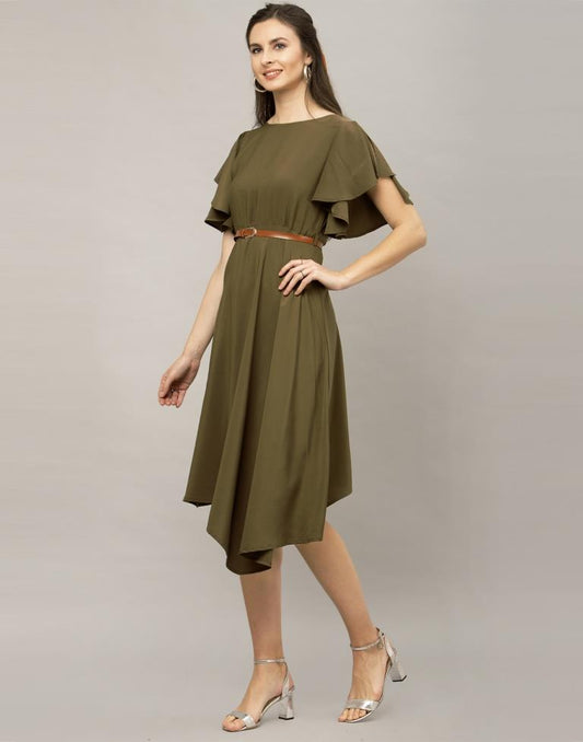 Olive Green Coloured Dyed Thick Georgette Dress | Sudathi