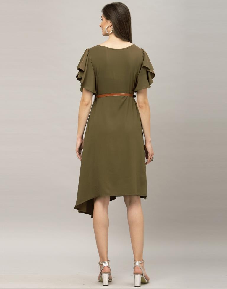Olive Green Coloured Dyed Thick Georgette Dress | Sudathi