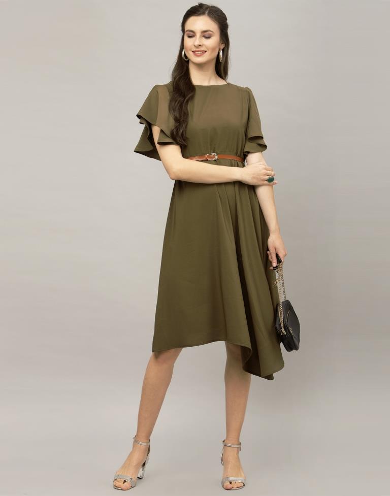 Olive Green Coloured Dyed Thick Georgette Dress | Sudathi