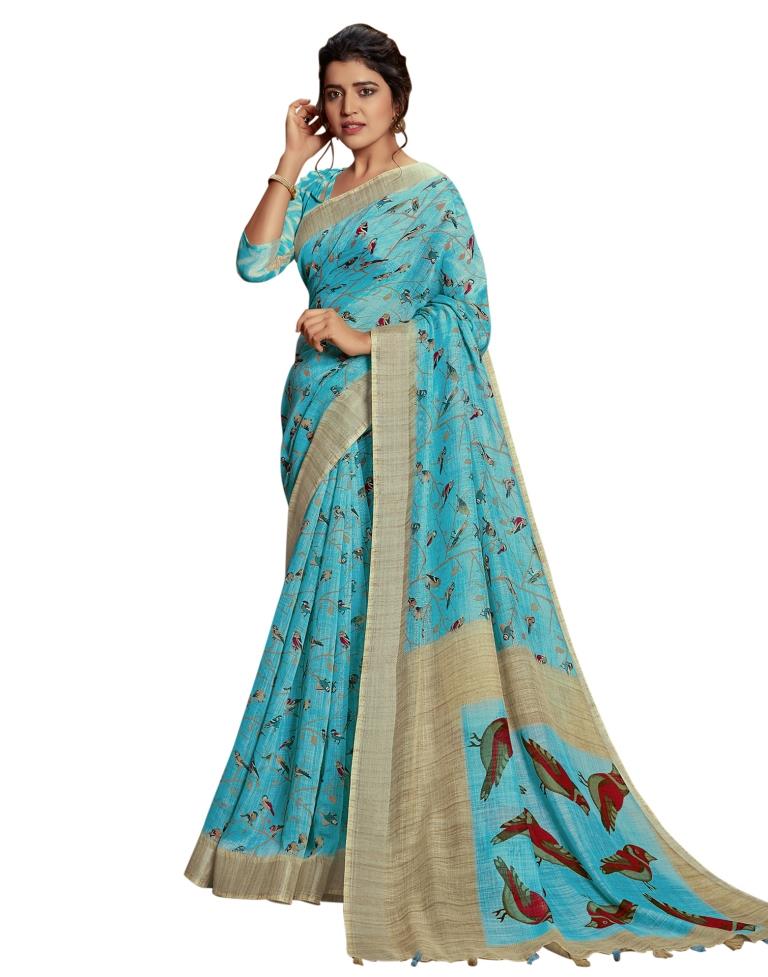 Blue Coloured Poly Cotton Printed Partywear saree | Leemboodi