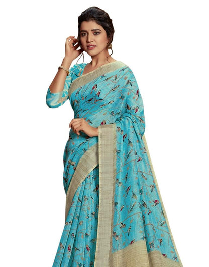 Blue Coloured Poly Cotton Printed Partywear saree | Leemboodi