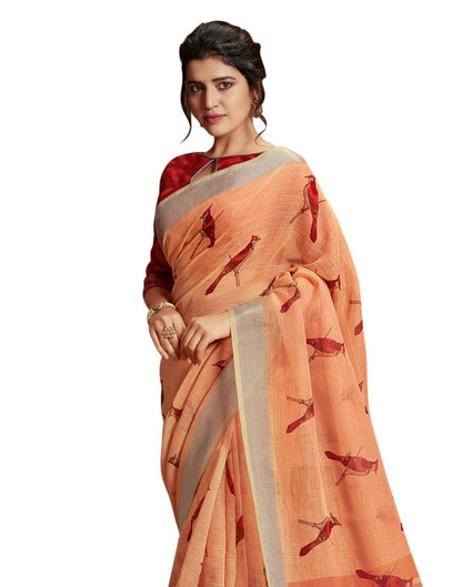 Peach Coloured Poly Cotton Printed Partywear saree | Leemboodi