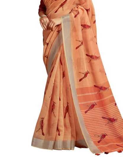 Peach Coloured Poly Cotton Printed Partywear saree | Leemboodi
