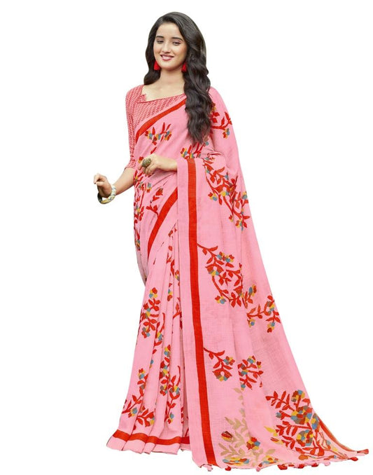 Pink Coloured Poly Cotton Printed Partywear saree | Leemboodi