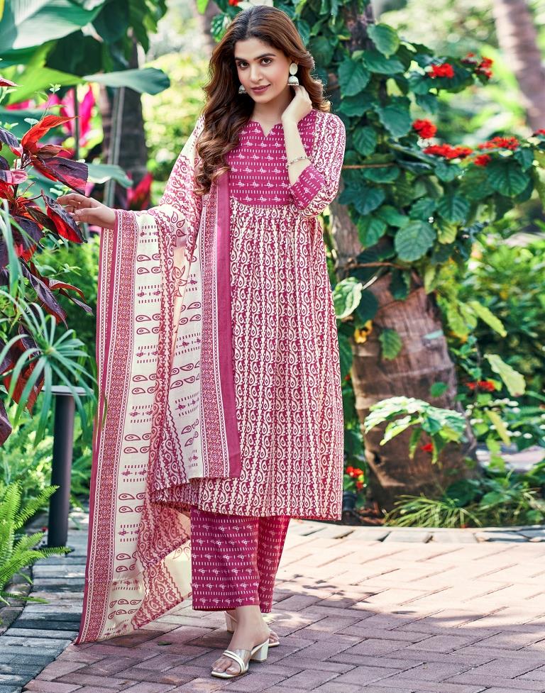 Pink Printed Cotton Flared Kurta Set With Dupatta