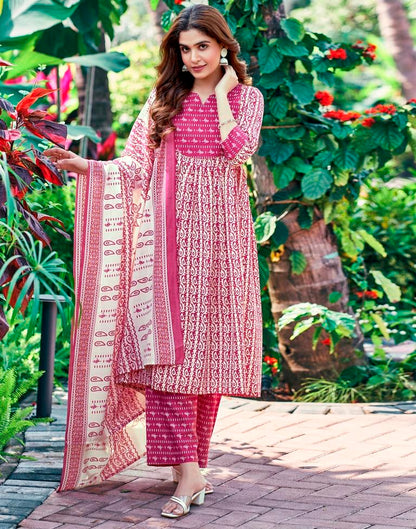 Pink Printed Cotton Flared Kurta Set With Dupatta