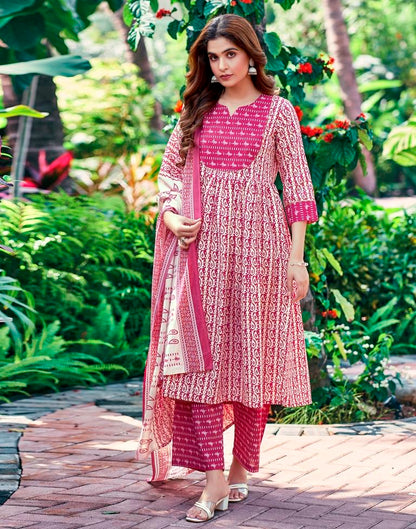 Pink Printed Cotton Flared Kurta Set With Dupatta