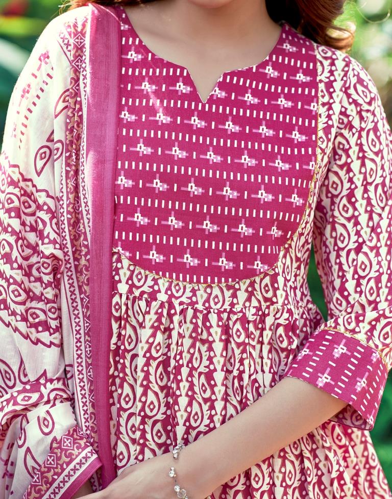 Pink Printed Cotton Flared Kurta Set With Dupatta