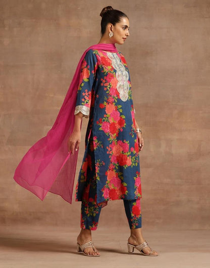 Dark Blue Printed Muslin Straight Kurta Set with Dupatta